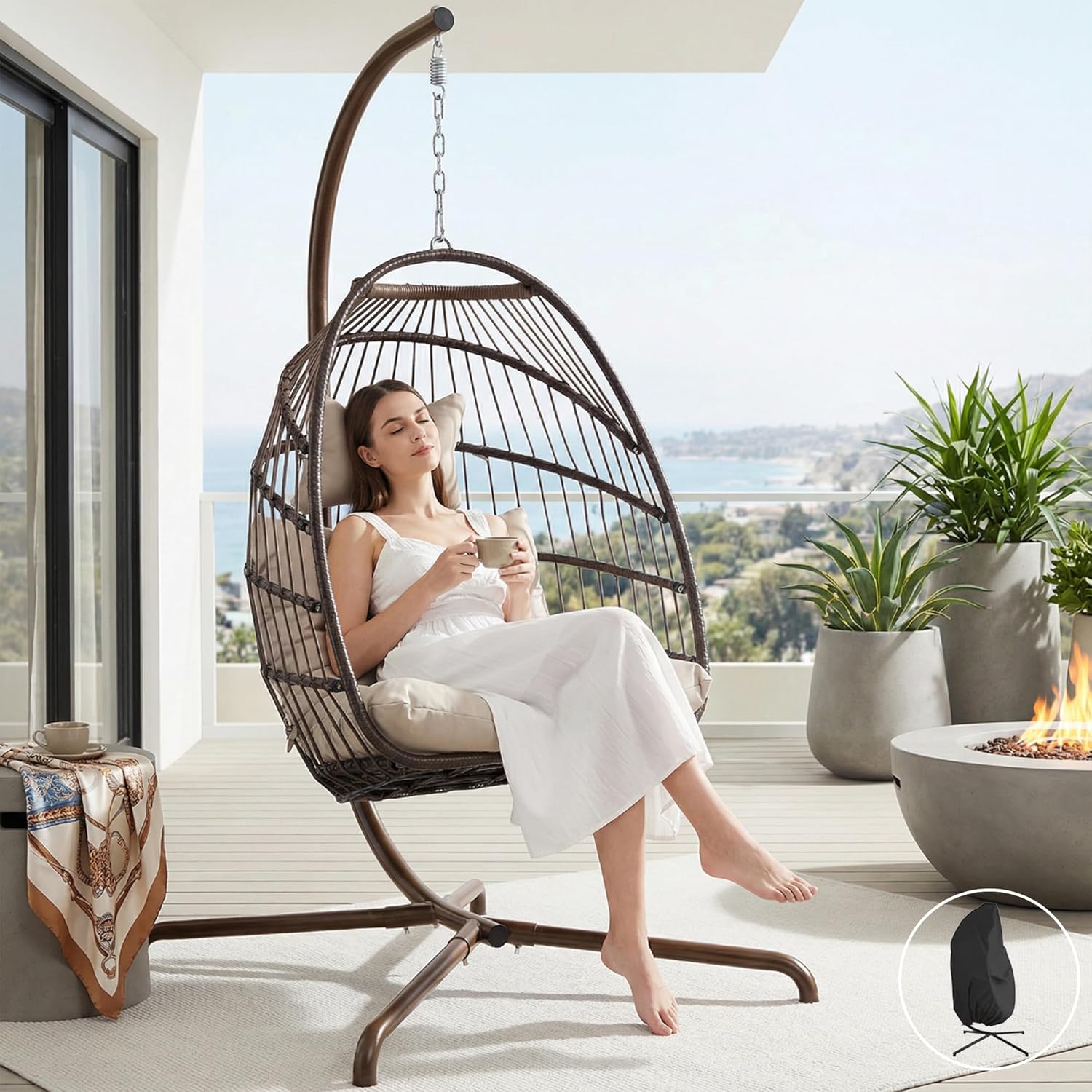 NICESOUL Egg Chair with Stand Indoor Outdoor, Patio Wicker Hanging Chair with Cushion, Swing Hammock Egg Shell Chairs, 350lbs Capacity Swinging Chair for Backyard, Balcony or Porch, Brown with Cover