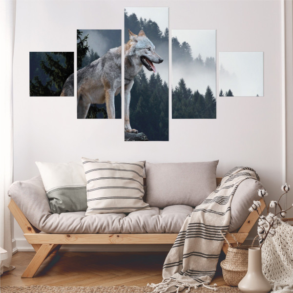 Obraz 5-Częściowy WILK Las we Mgle Natura 150x90cm