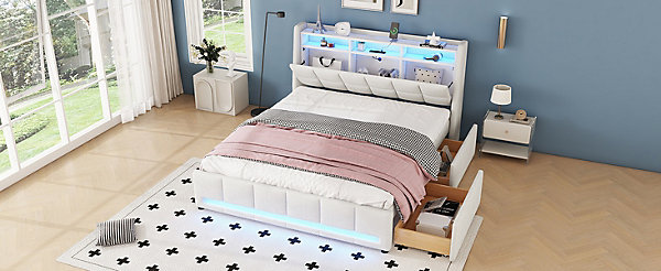 Lit Polster 140x200cm, LED, Tiroirs avec USB, Stufach, Beige