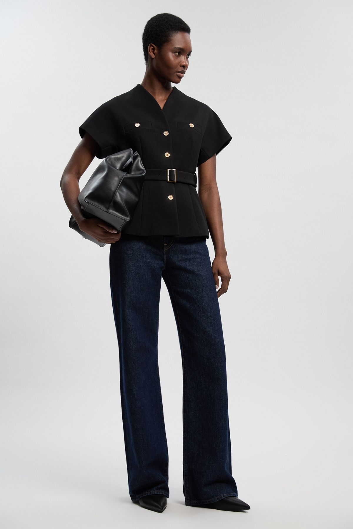 KarenMillen Textured Compact Stretch High Neck Belted Top