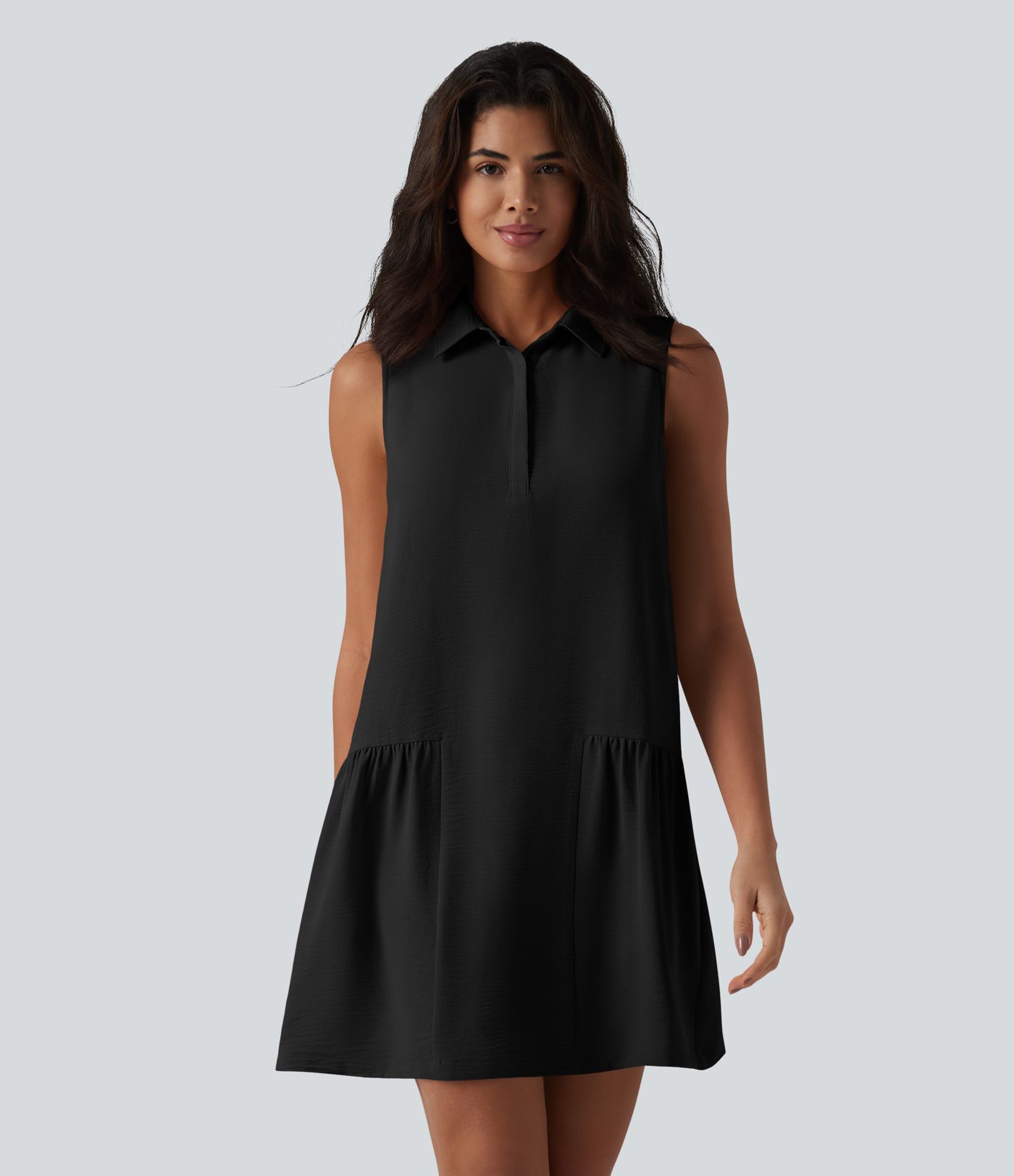 Robe-chemise courte casual sans manches aspect lin, avec poches