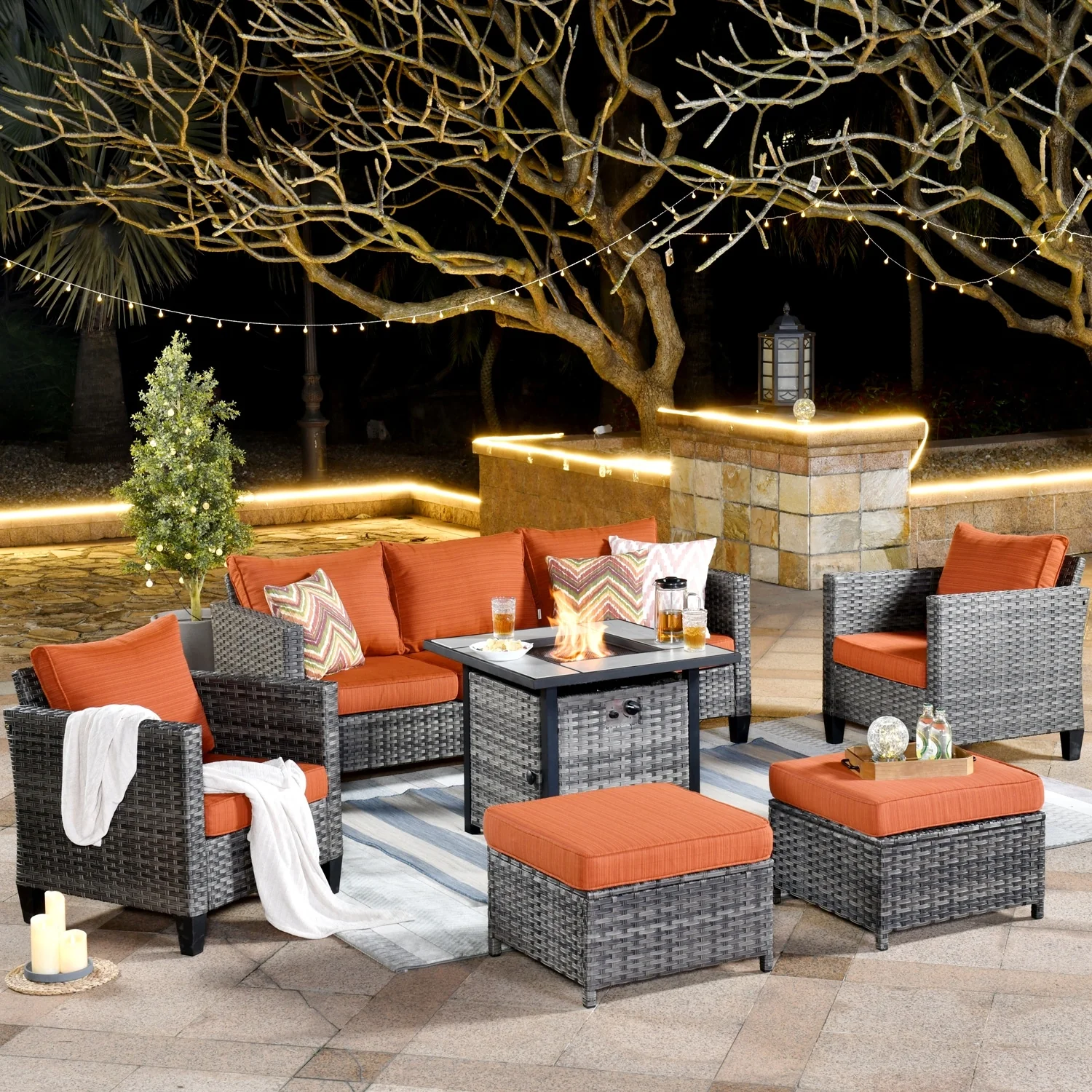 OVIOS 6-piece Patio Outdoor Wicker Conversation Set With 30 Fire Pit