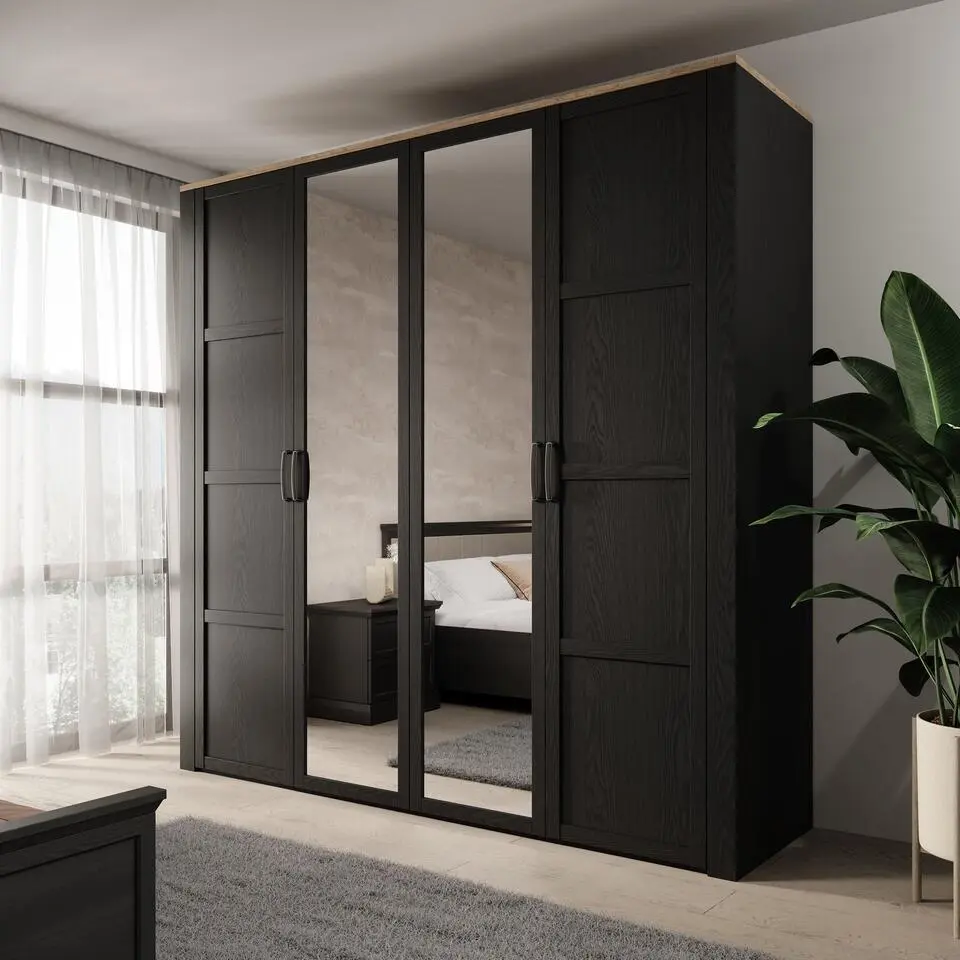 Meubella - Borello - Kledingkast met 4 deuren - Zwart - 216x60x214 cm