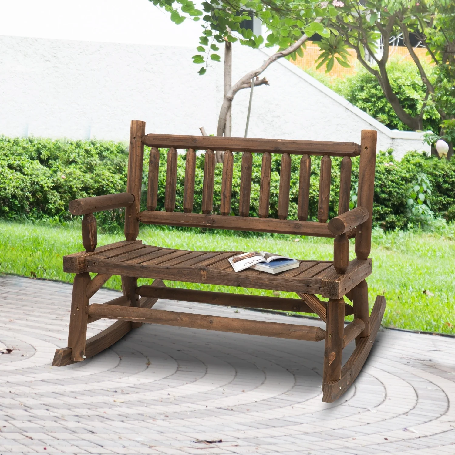 Outsunny 2-Person Wooden Rocking Chair Rocker Bench with Relaxing Swinging Motion
