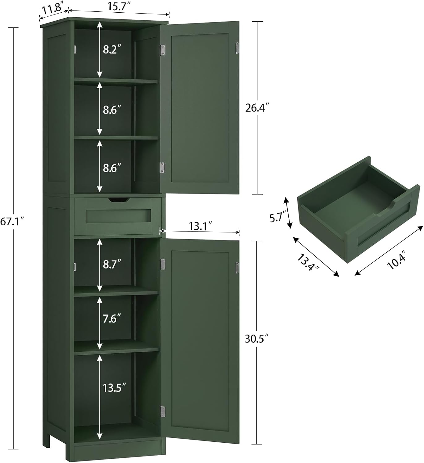 TEENFON Tall Bathroom Cabinet with 2 Doors & 1 Drawer, Narrow Bathroom Storage Cabinet with Adjustable Shelves, for Living Room, Entryway, Kitchen, Forest Green