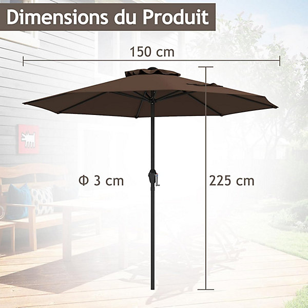 Parasol de Terrasse,avec Manivelle,8 Baleines Robustes,Protection Solaire,pour Arrière-Cour,Bord de Piscine,Base(Marron,2,6M)