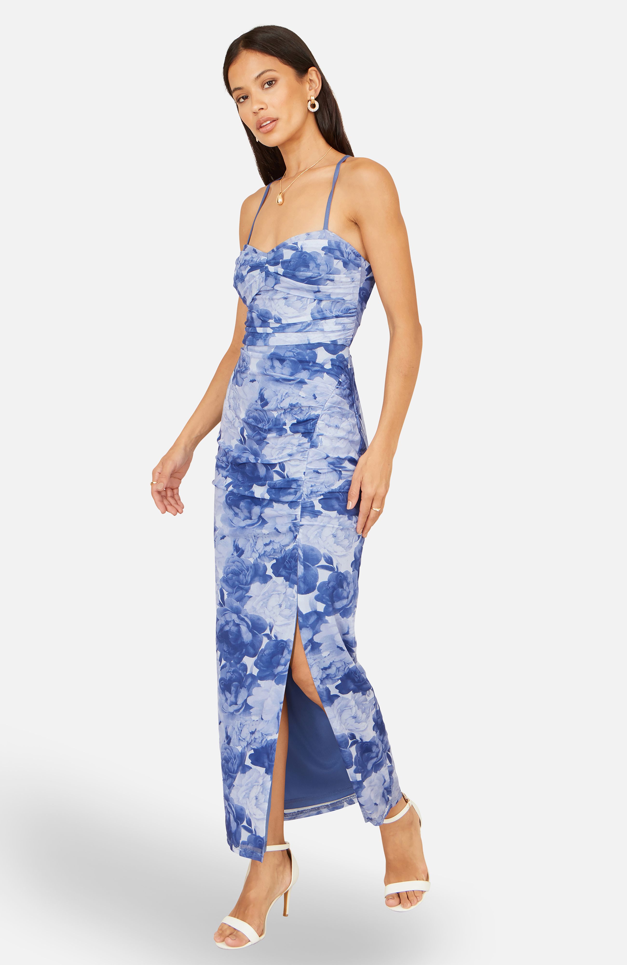 Yumi Blue Mesh Ruched Dress With Front Split