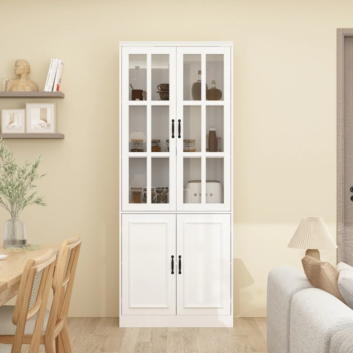 78.7H Combo Buffet Sideboard White Curio Bookcase Cabinet Glass Door