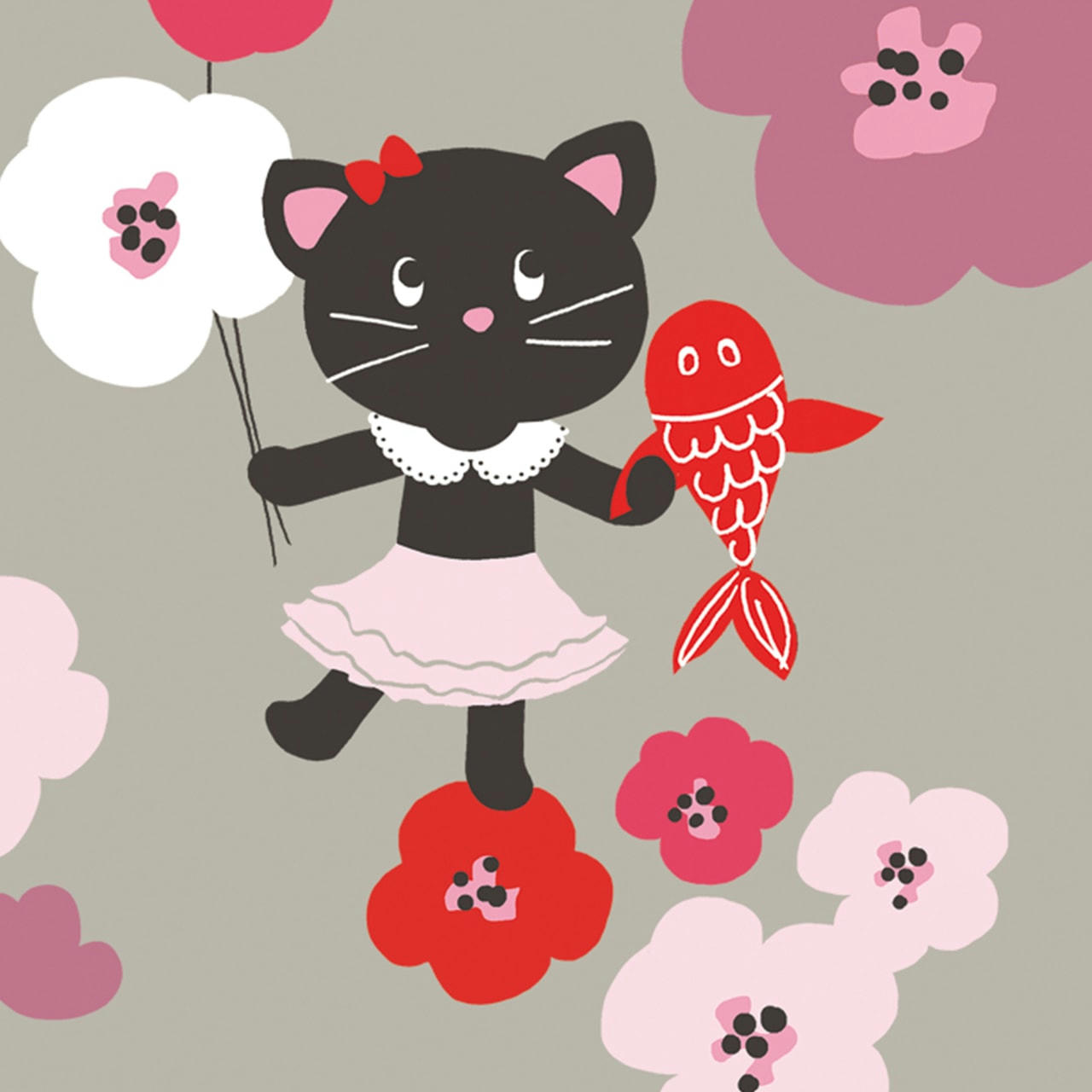 MILLY - Affiche chat et fleurs en Papier Rouge