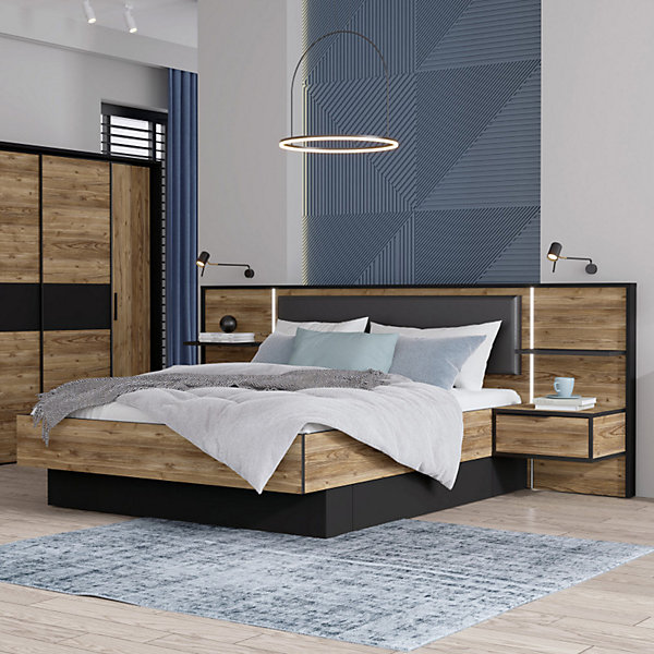 Lit 160 x 200 cm décor bois épicéa et noir avec éclairage LED - CELIA