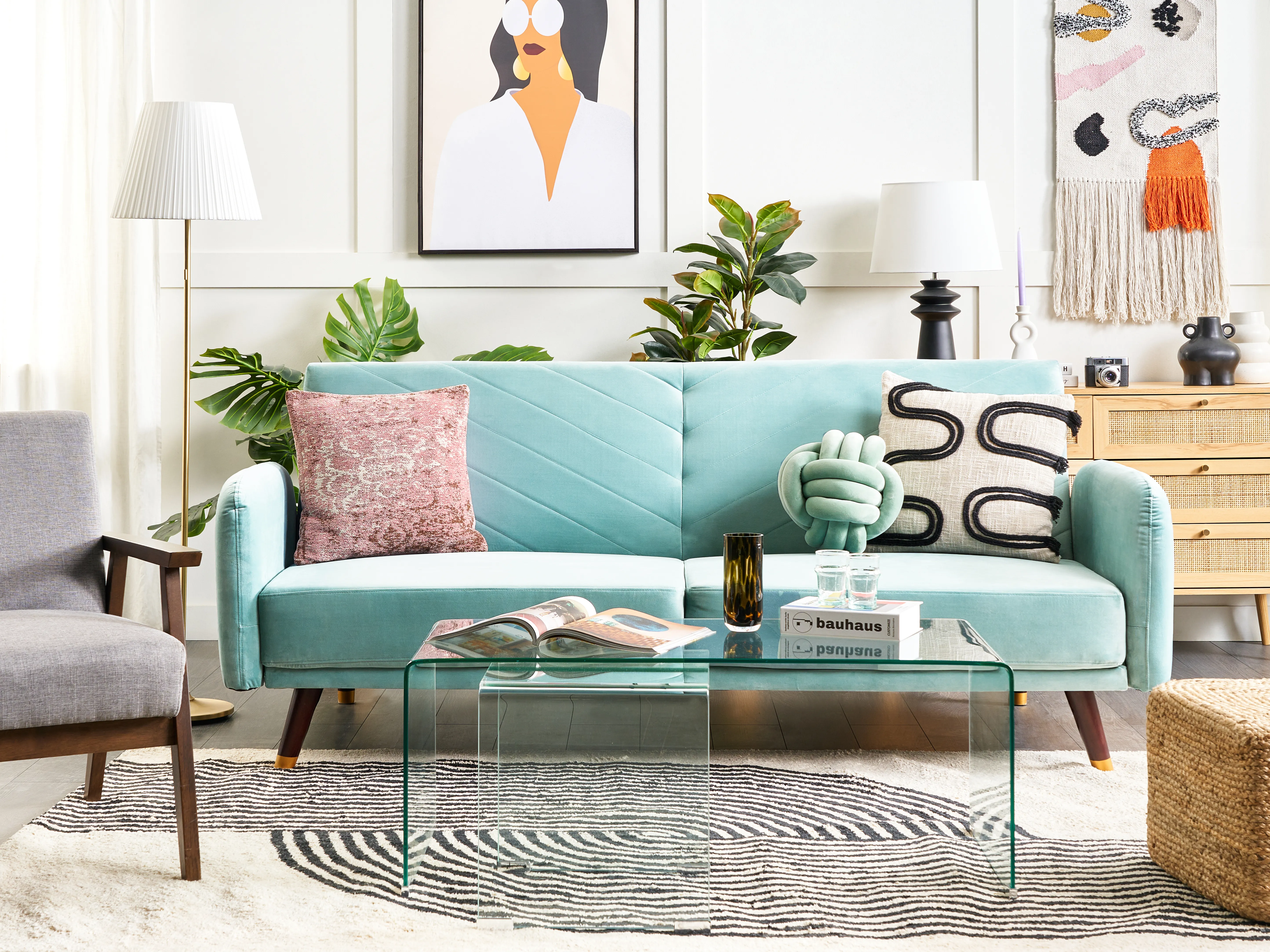 Sofa Bed 3 Seater SENJA Velvet Light Blue
