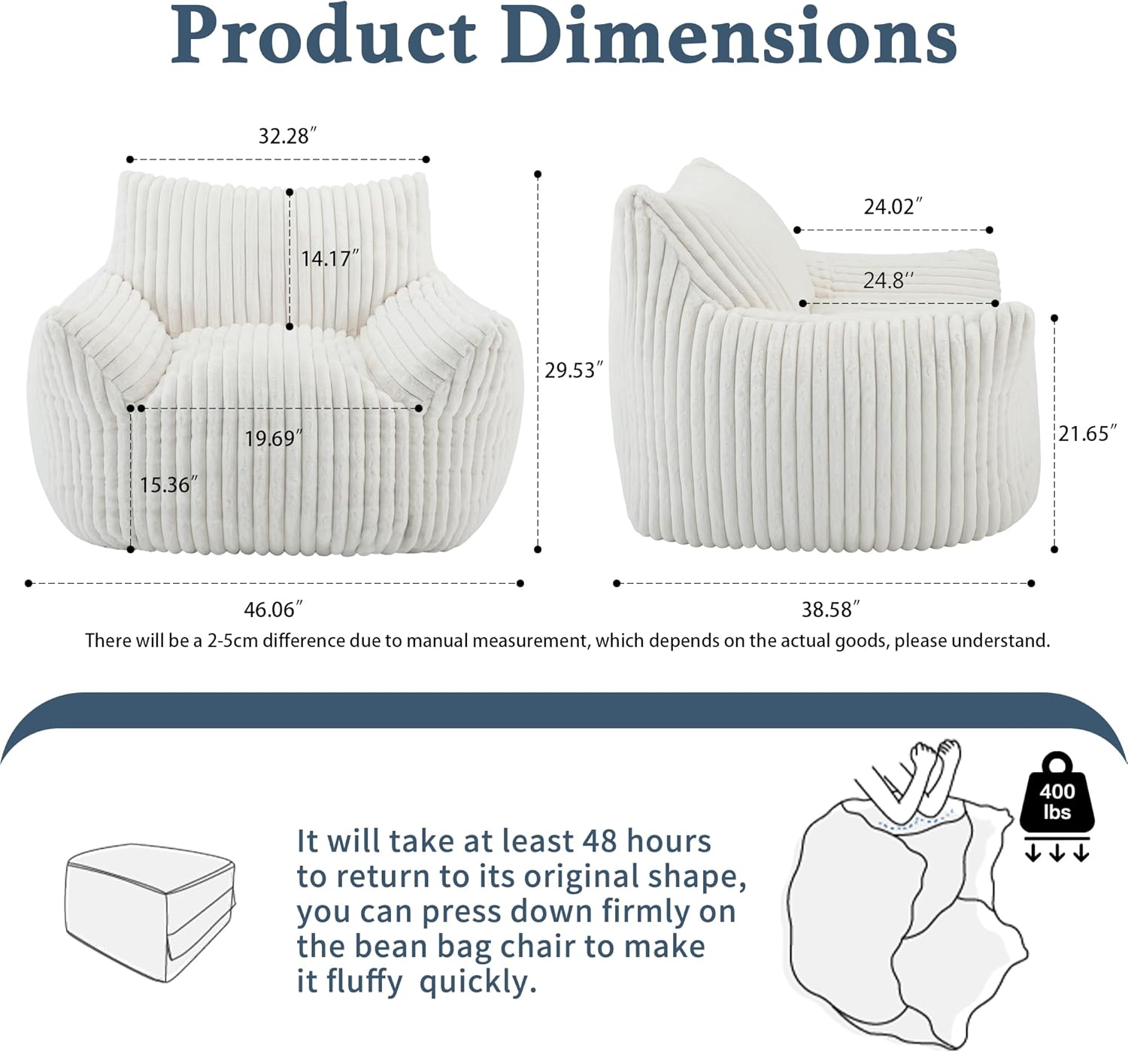 Giant Plush Bean Bag Chair for Adults with Armrests - Oversized Comfy Beige Beanbag Lounge Lazy Floor Sofa Accent Chair for Living Room, Bedroom & Dorm, Cozy Fluffy Single Cloud Mini Couch