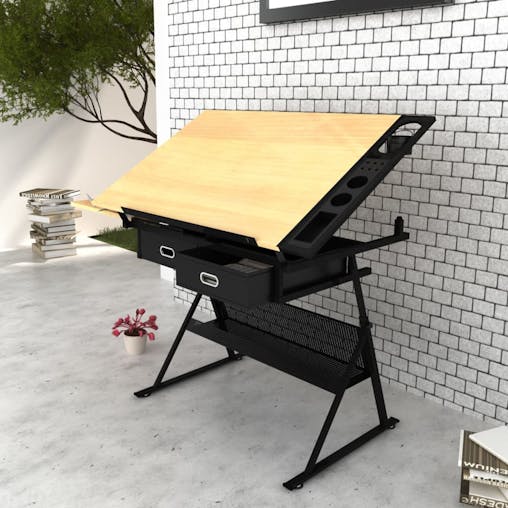 NNEVL Two Drawers Tiltable Tabletop Drawing Table with Stool