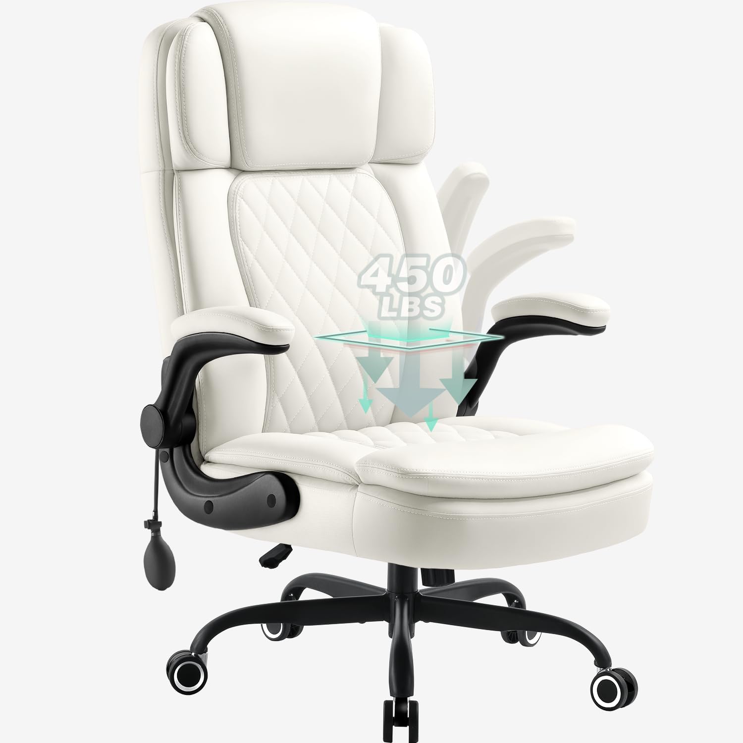 450 LBS Big and Tall Executive Office Chair with Flip up Arm, Heavy Duty Leather Computer Desk Chair,Comfortable High Back Swivel Home Office Chair with Rolling for Adults (White)