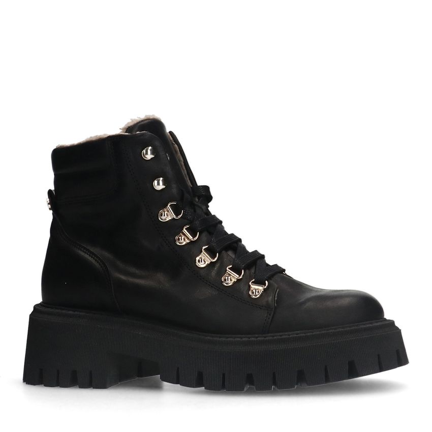 Manfield Zwarte leren veterlaarsjes