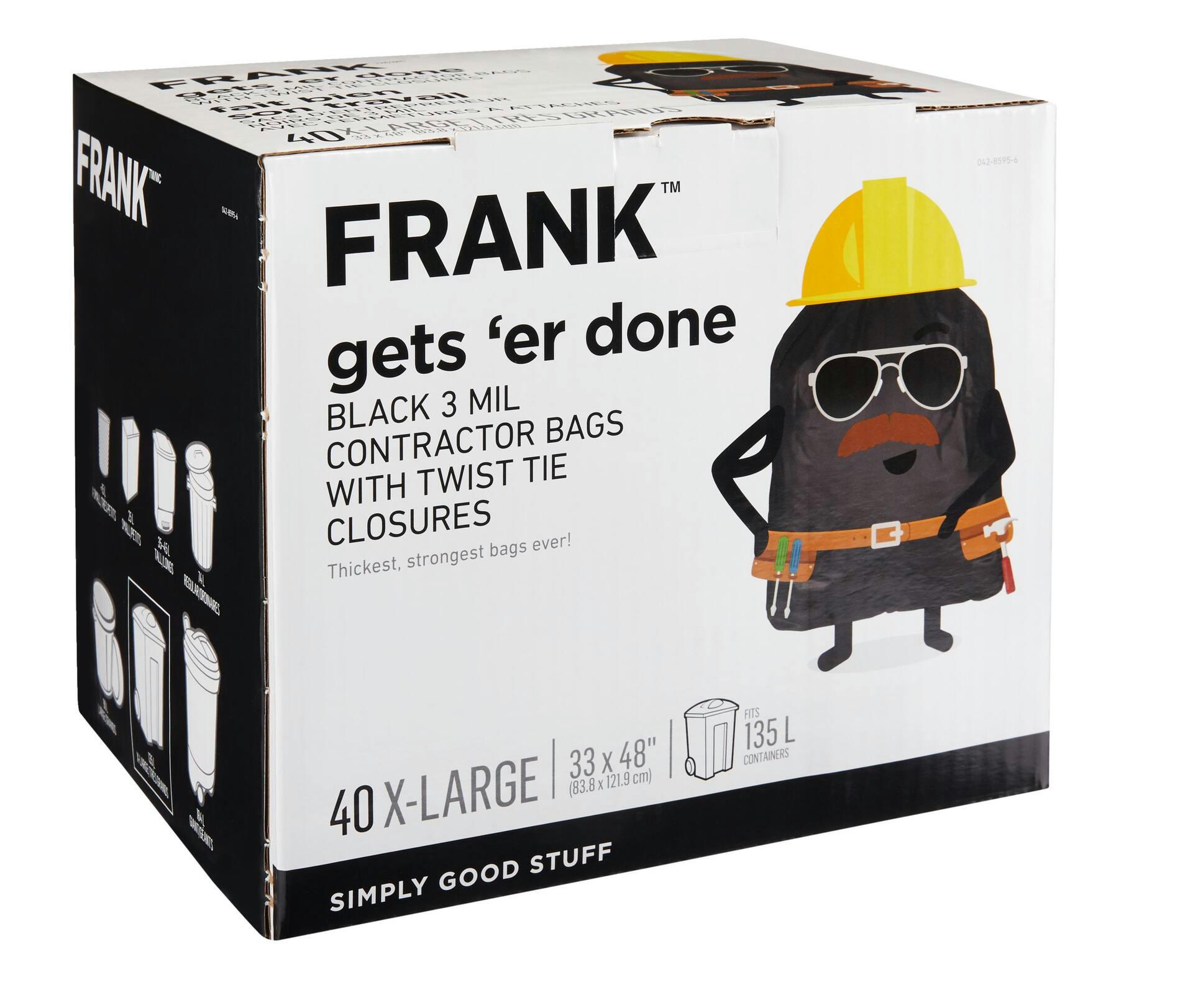 FRANK Extra-Large Twist-Tie Contractor Garbage Bags, 40-pk, Black, 135-L