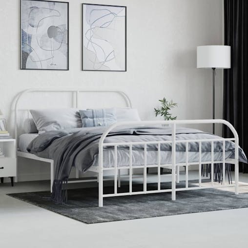 NNEVL Metal Bed Frame with Headboard and Footboard White 153x203 cm Queen