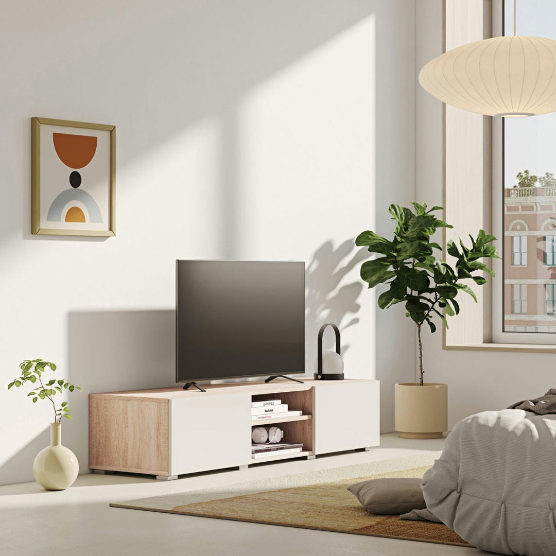 PODIUM - Meuble TV effet bois chêne et beige clair