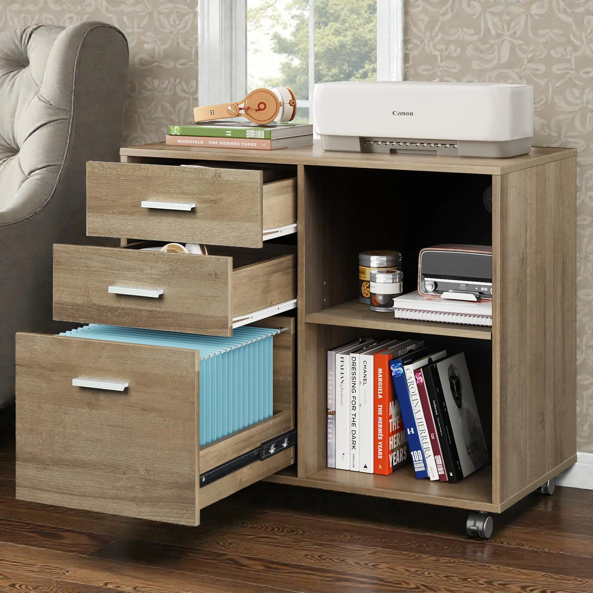 Wood Lateral File Cabinet 3 Drawer Printer Stand with Shelves for Home Office