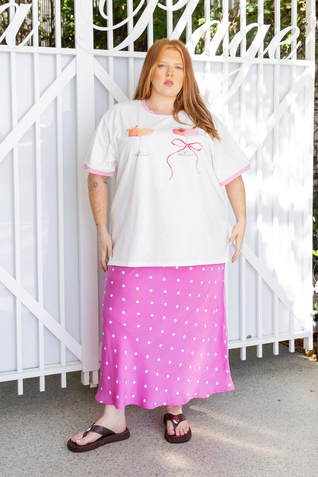 Livy Bias Skirt in Pink Base Polka Dot