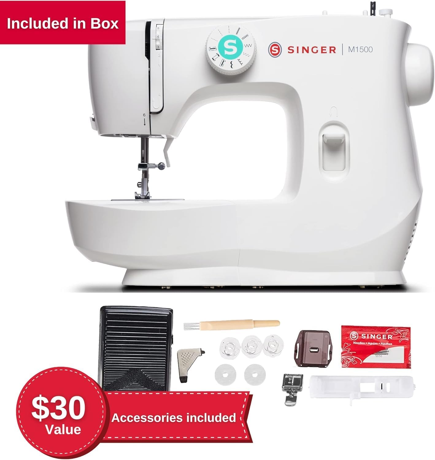 SINGER® M1500 Sewing Machine +Accessory Kit | 6 Built-In Stitches Deliver 57 Stitch Applications | Lightweight & Portable |LED Light & 4-step Buttonhole | Great for Quilting, Crafts & Mending