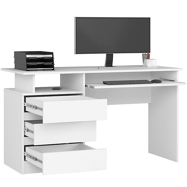 Bureau d'ordinateur AKORD CLP Blanc 135 cm 3 tiroirs façade Blanche 2 étagères 135x60x77 cm