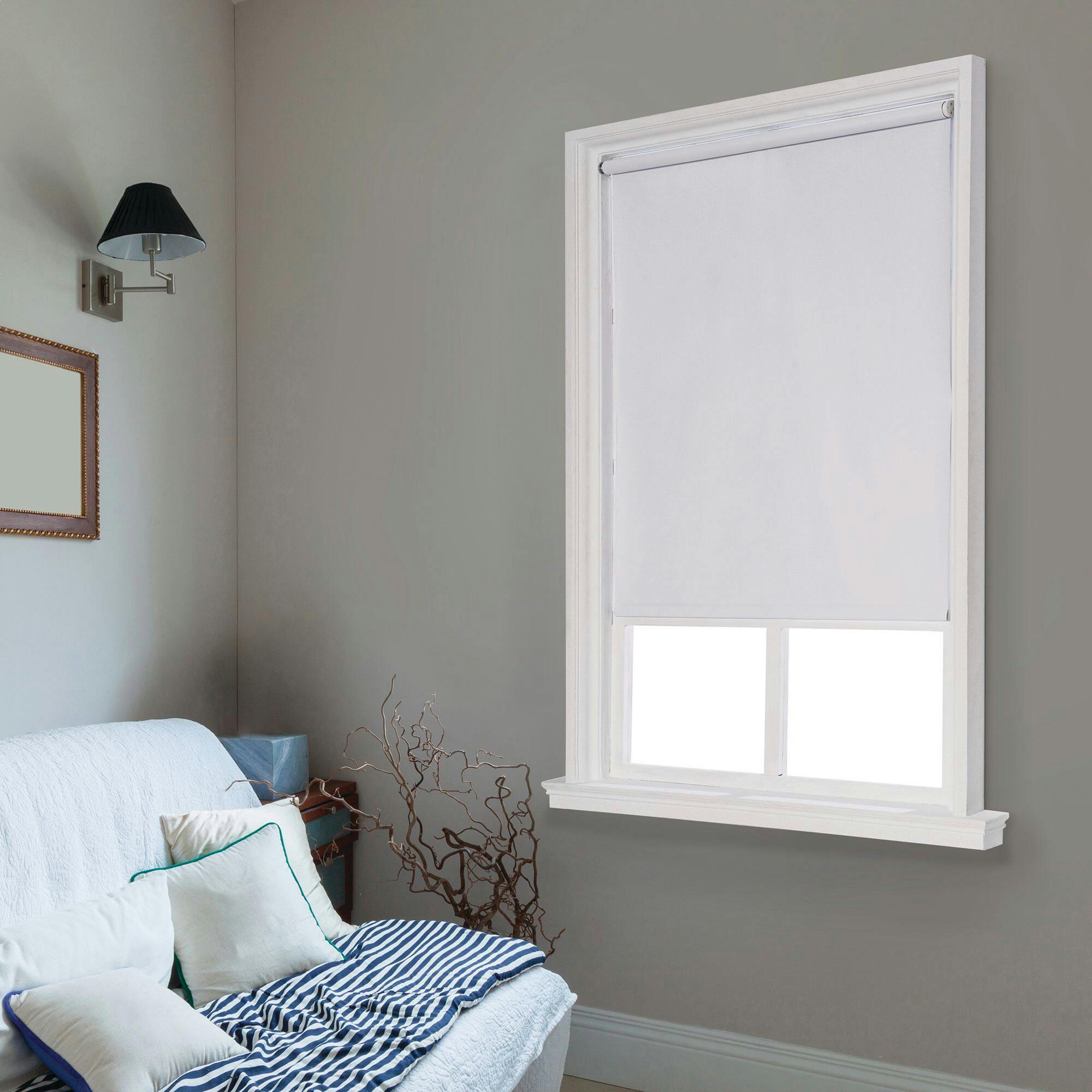 For Living Vinyl White Cordless Room Darkening Roller Shade, White, Assorted Sizes