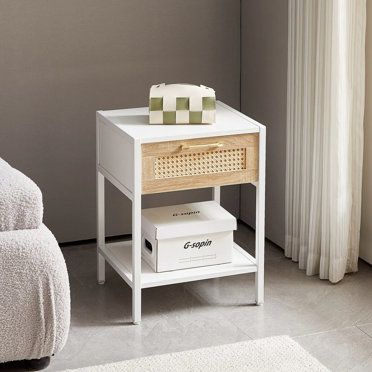 Natural Rattan 1-Drawer White/Brown Nightstand Bedroom Sofa Side Table Bedside Furniture