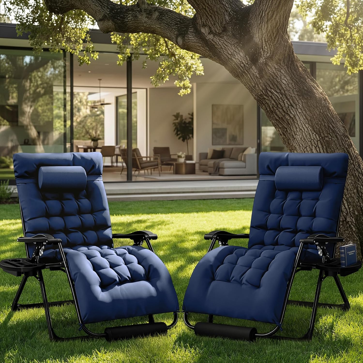 Homall Oversized Zero Gravity Chair, Set of 2 Recliner Lounge Chair with Removable Soft Cushion and Cup Holder, Adjustable Anti Gravity Chair Folding Patio Chairs Padded for Indoor and Outdoor (Blue)
