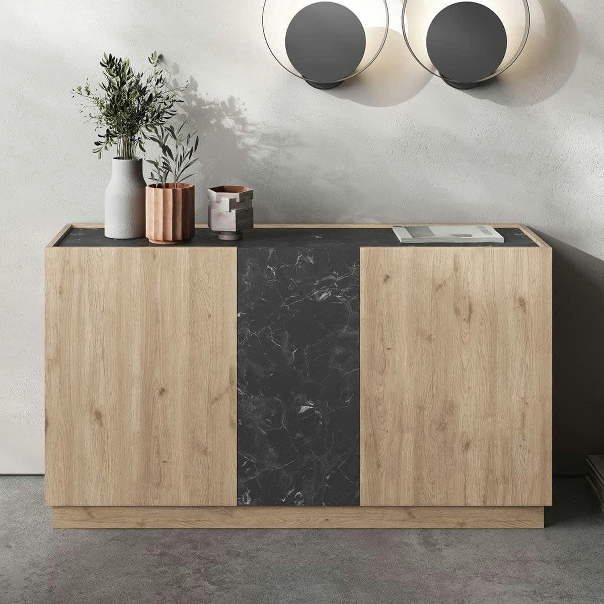 DILAN - Buffet 3 portes effet bois et marbre noir 140 cm