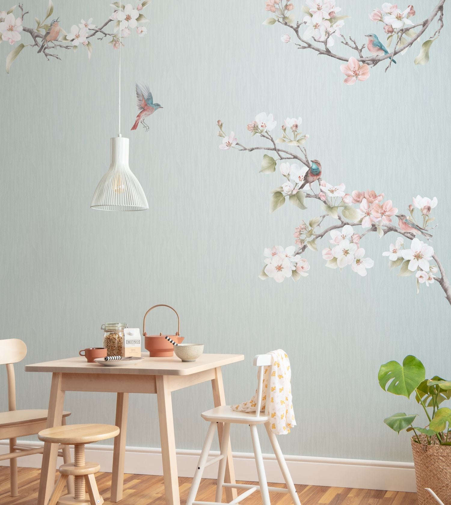 Komar fotobehang bloemen en vogels blauw en roze - 250 x 250 cm - 611191
