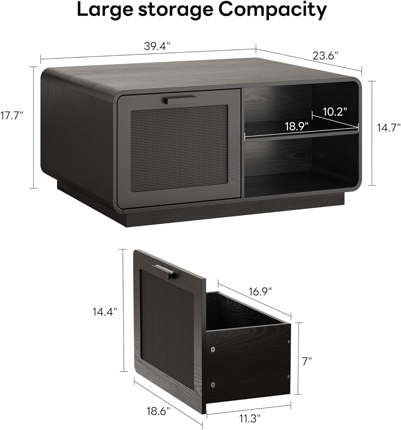 LIKIMIO 39.4 Rattan Coffee Table with Storage Drawers, Safety Curved Corners & 4-Tier Adjustable Shelves, Sturdy Base, Wood Center Table for Living Room, Black