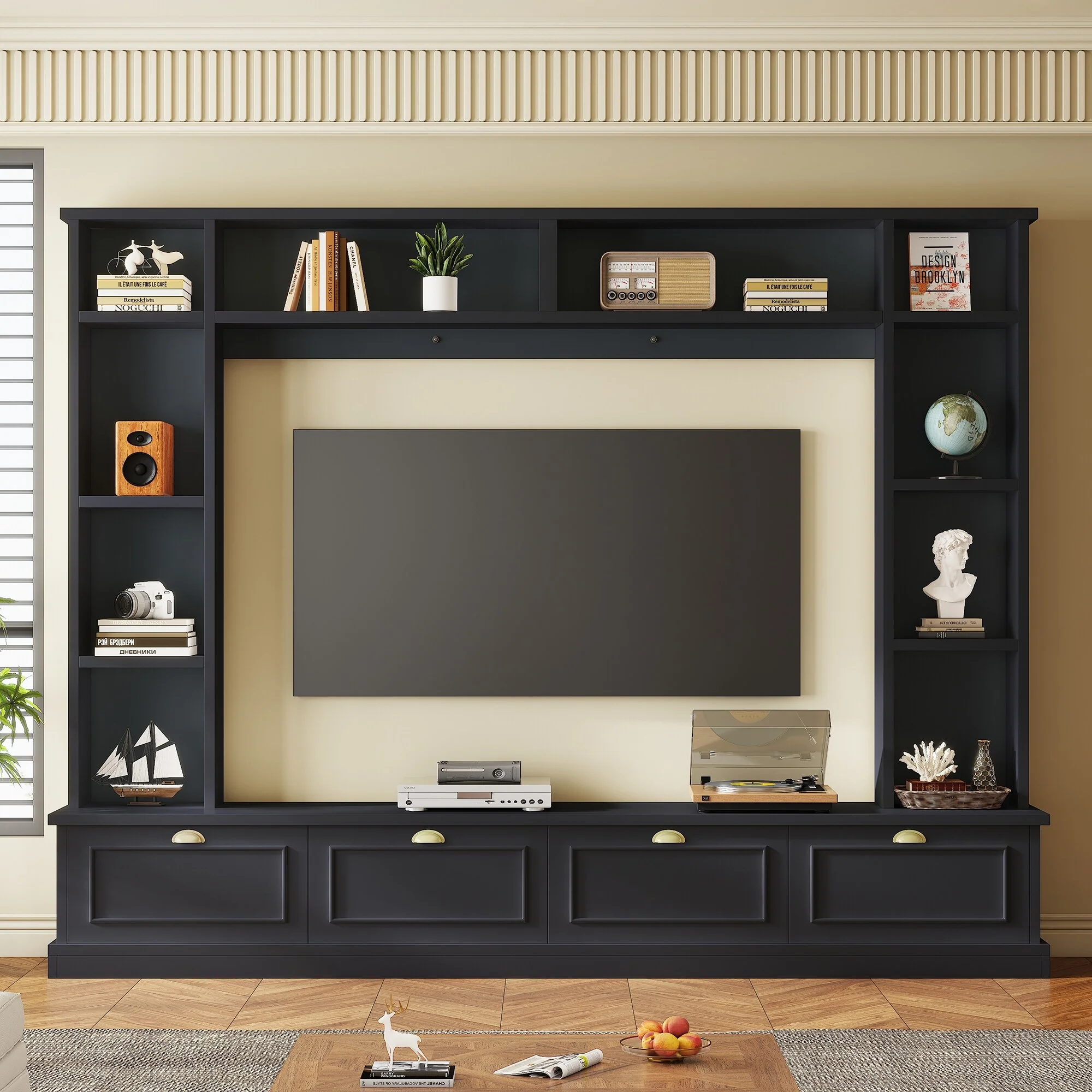 Large Wall Unit for TVs Up to 78, Wood TV Console with Cabinets and Open Shelves, TV Stand with Bookshelves for Living Room