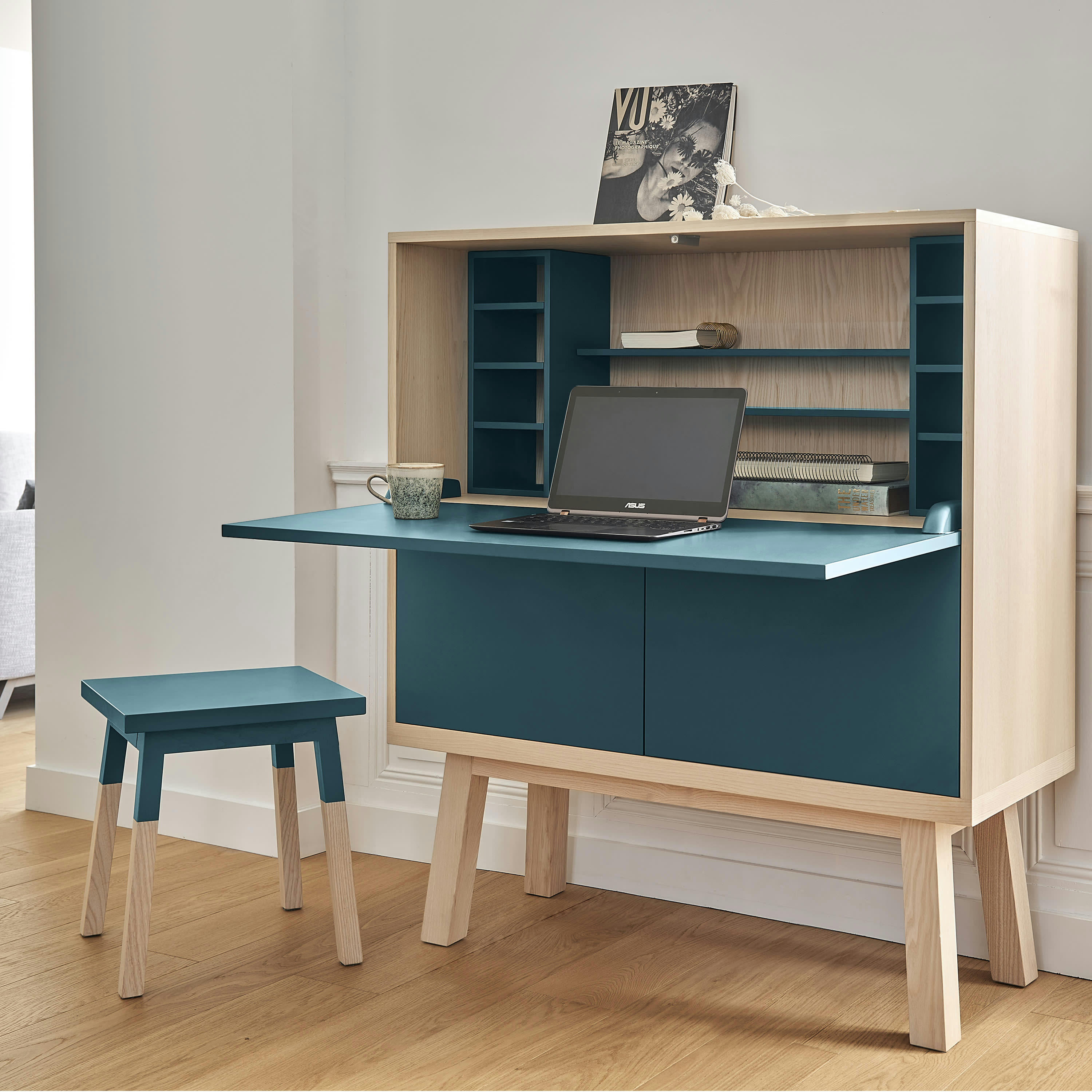 KUBE - Bureau secrétaire avec rangement, 120 cm de large, en frêne