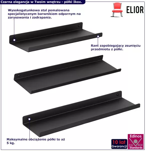 Komplet 3 czarnych metalowych półek - Zeero