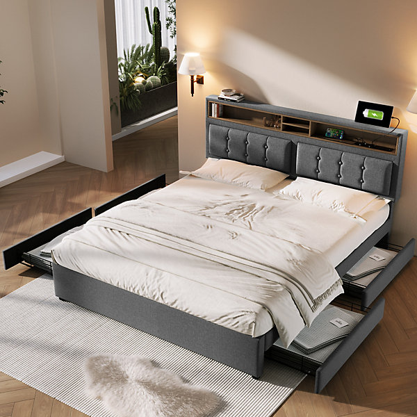 Lit avec rangement 160 x 200 cm - Lit avec 4 tiroirs et tête de lit avec prise USB-C - Lin   Bois massif - Sans Matelas - Gris