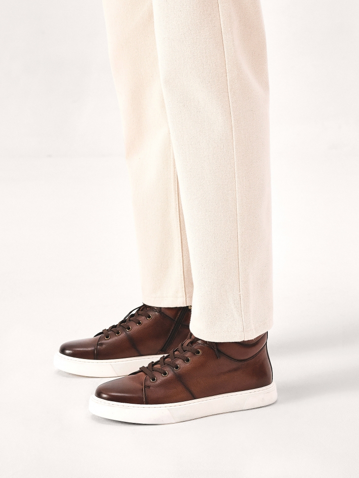 Brown leather sneakers with high upper
