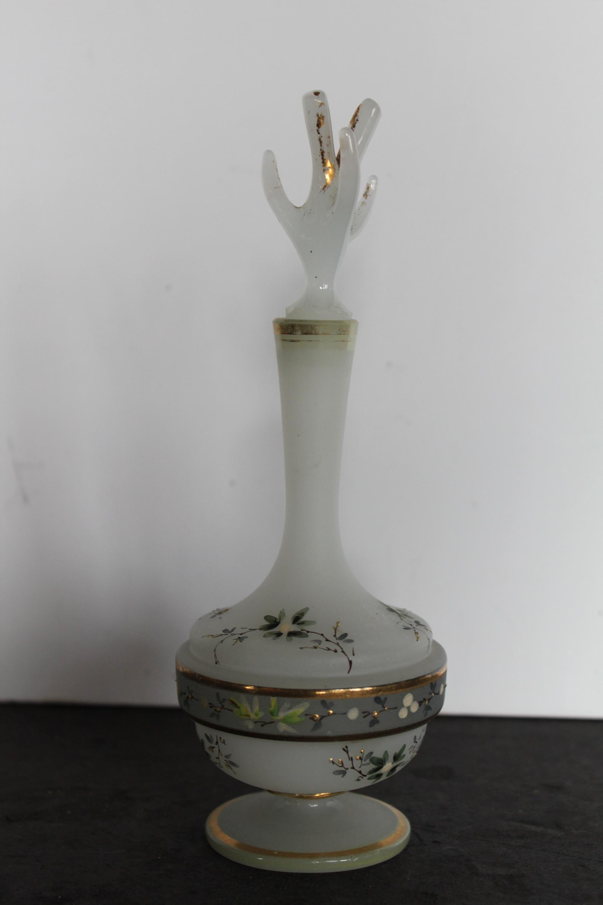 Vintage Frosted Glass Bottle With Unique Coral Shaped Stopper. Hand Painted, Rare, HTF, Bougie Grandmacore Mantel Decor, Collector Gift.