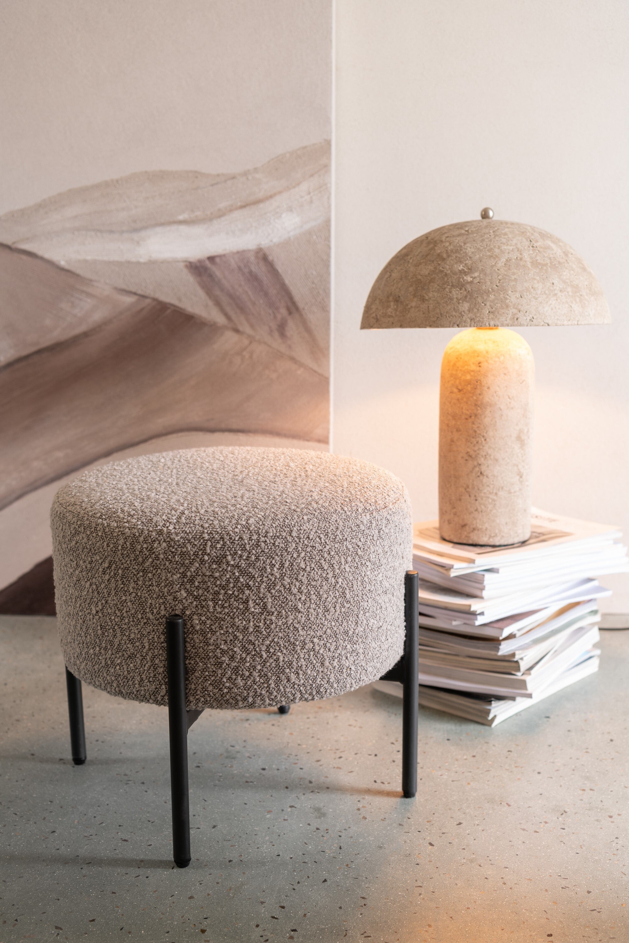 J-Line kruk Bouclé - hout - wit/zwart
