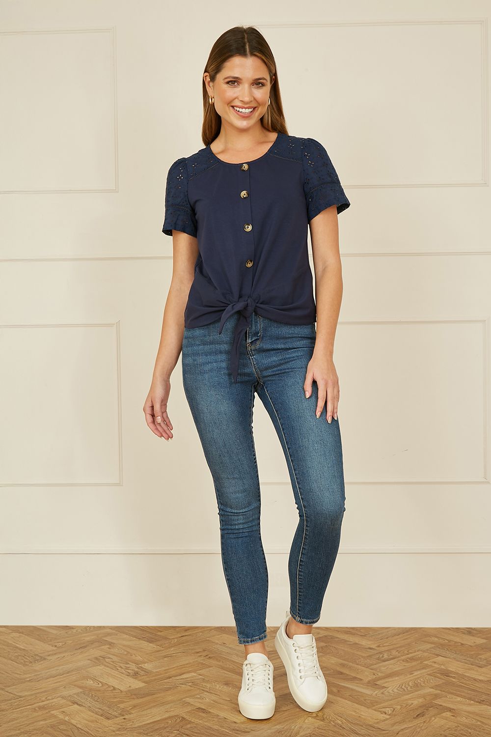 Yumi Navy Jersey Button Detail T-Shirt