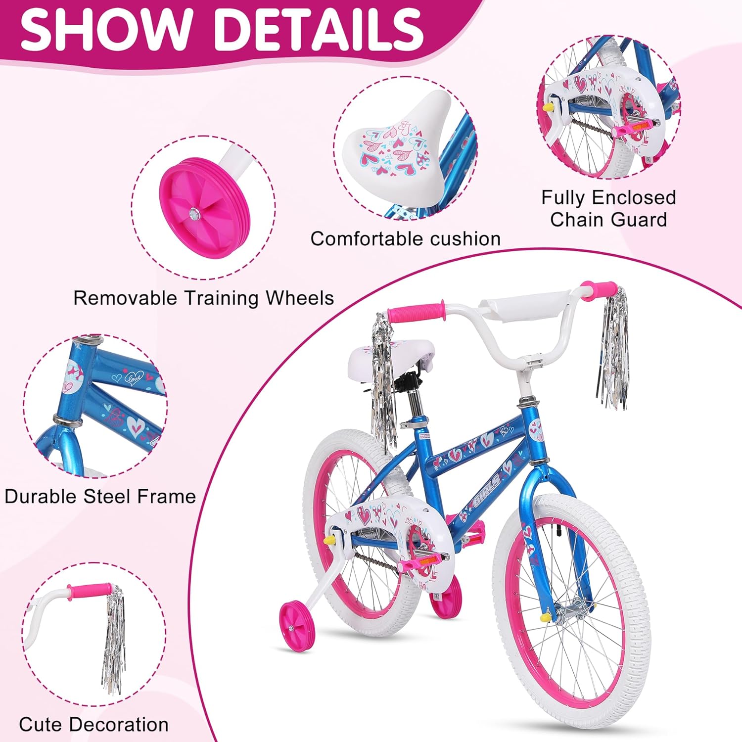 Kids Bike for Girls - 18 20 Inch Bicycle with Removable Training Wheels | Streamers | Coaster Brake | Free Balance to Pedal | Easy Learning | Multiple Colors for 3-12 Years Old Kids