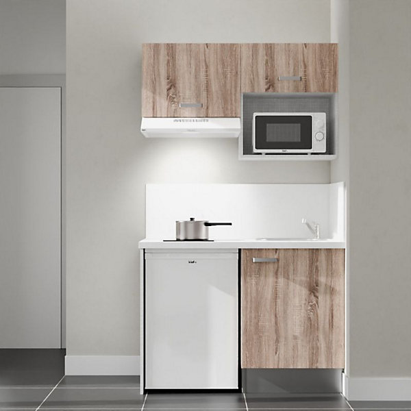 Kitchenette K02 façades Bois - Plan de travail Blanc - Crédences : Oui - Evier inox - Electroménager Blanc inclus