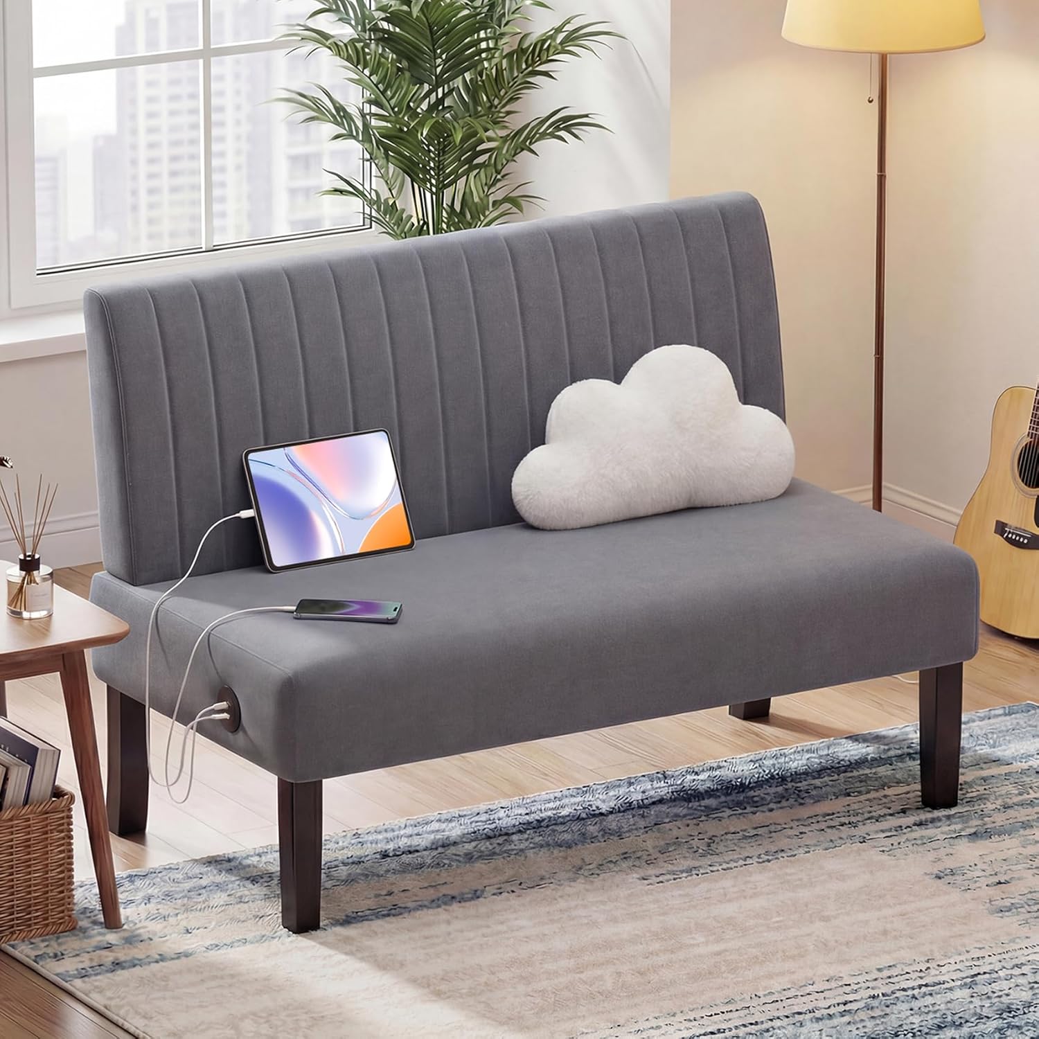 STHOUYN Mini Small Comfy Couch Armless Loveseat Sofa for Bedroom with USB Port, Velvet Couches for Small Spaces Living Room, Apartment Office Dorm (Grey)