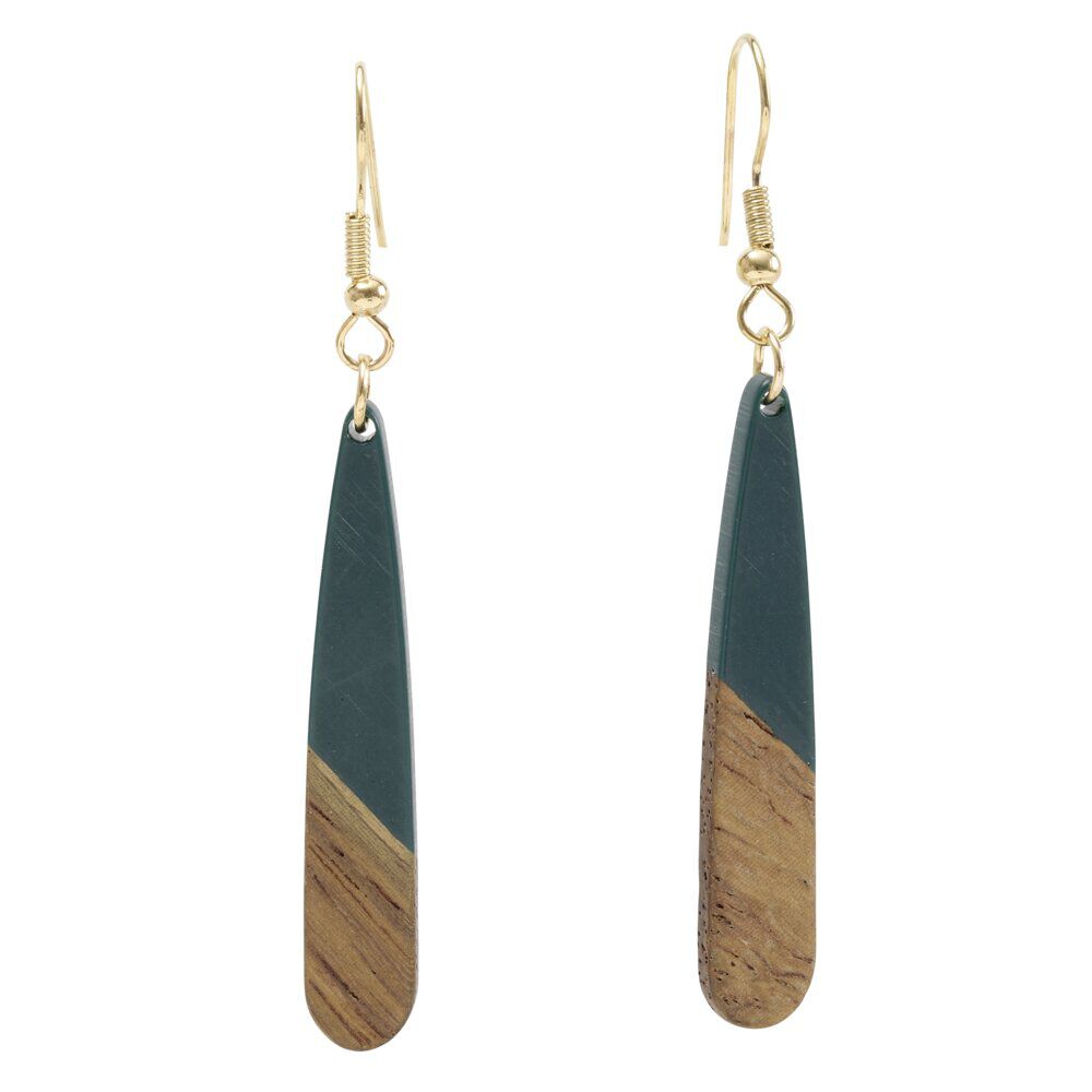 Boucles d'oreilles métal et bois forme goutte longue marron et vert L6cm