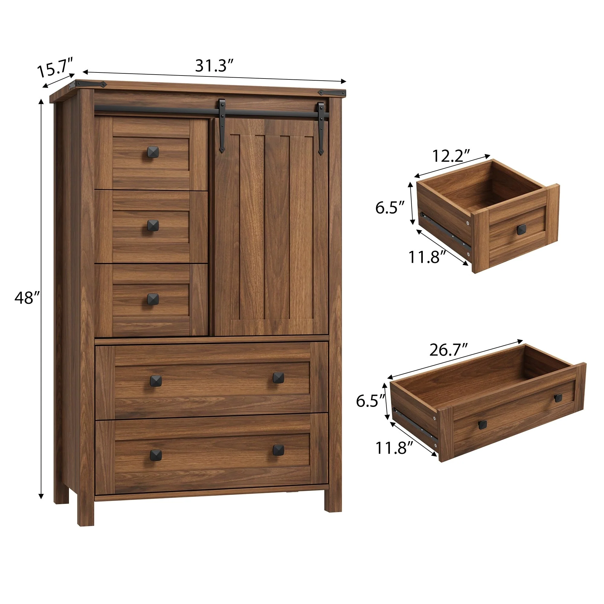 Farmhouse 5 Drawer Dresser for Bedroom, 48 Tall Wood Dresser Chest of Drawer with Sliding Barn Door