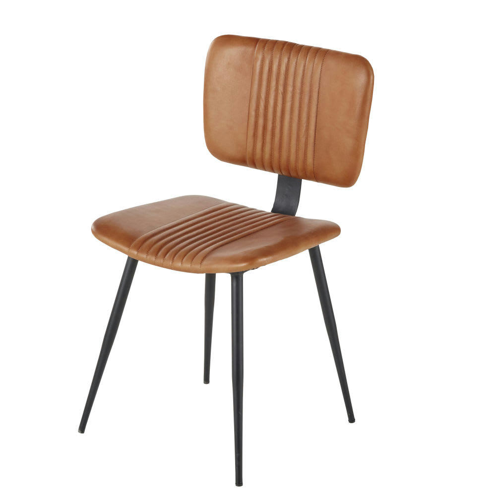 Connery - Chaise matelassée en cuir de buffle marron et métal noir