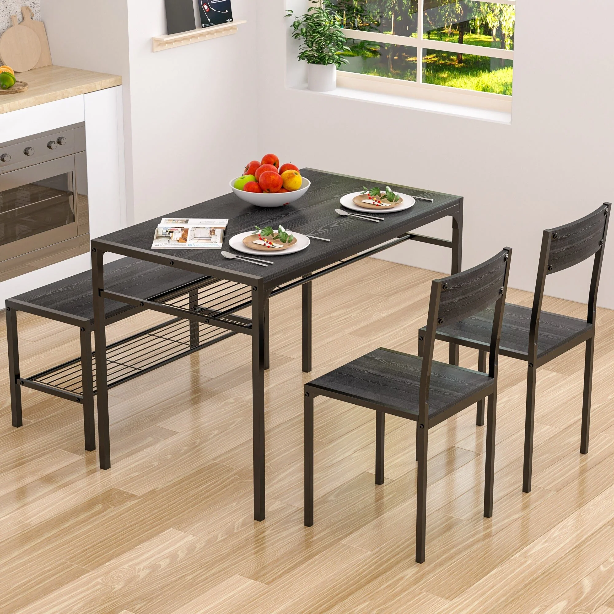 VECELO 43.3 Dining Table Set with Bench, Kitchen Table for 4, Modern Metal Frame Dining Furniture Set for Small Space