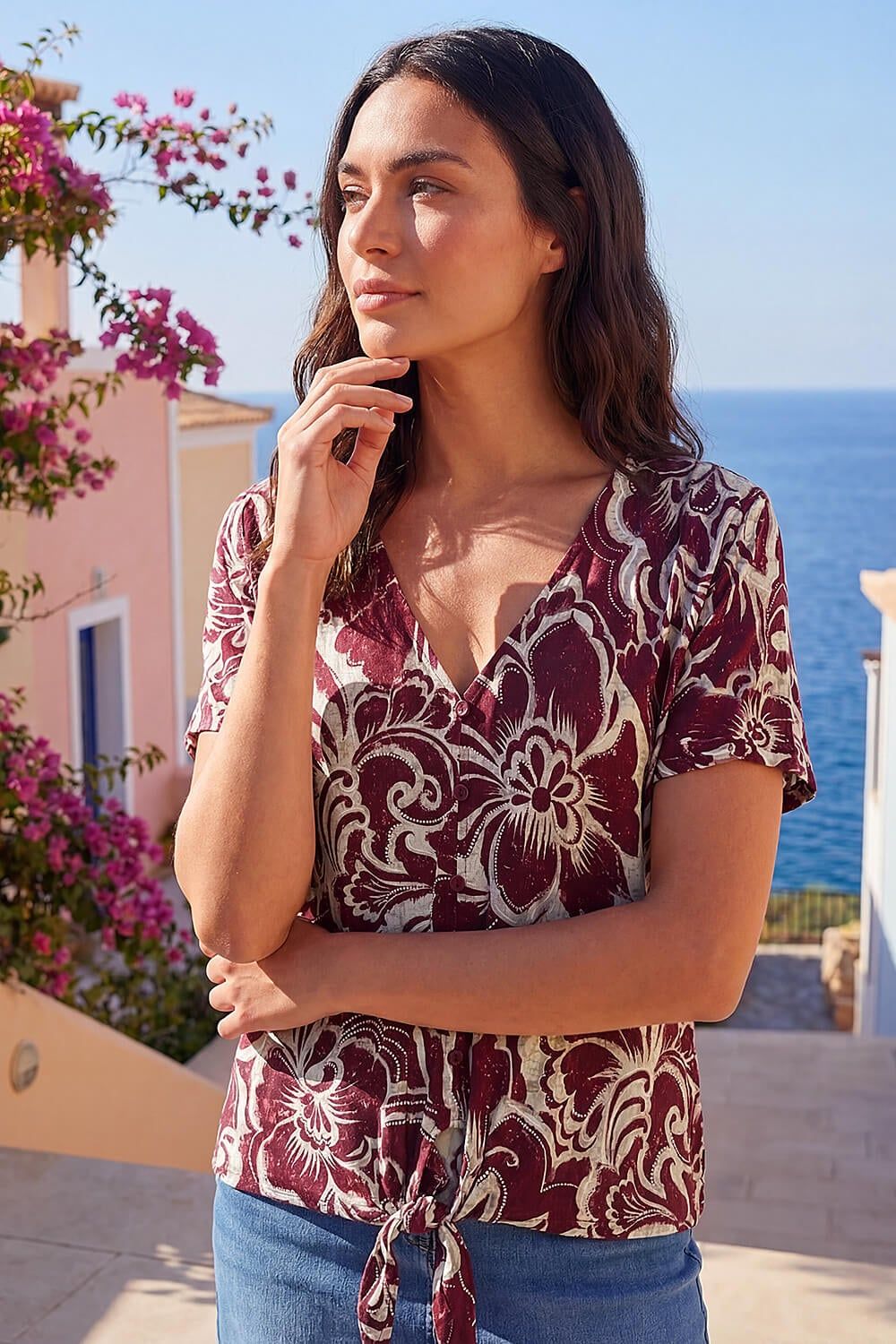 Roman Floral Print Tie Front V-Neck Top