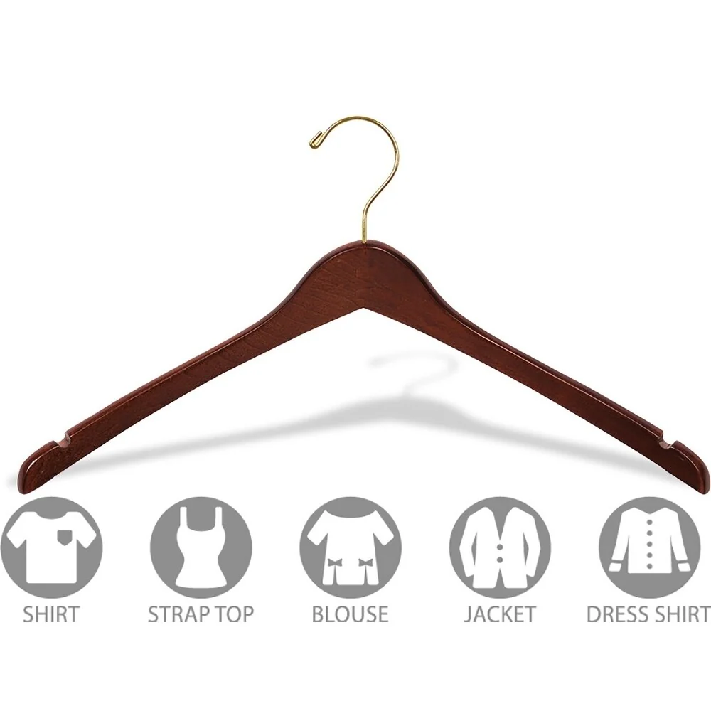 Curved Wooden Top Hanger with Walnut Finish, 1/2 Inch Thick Hangers with Brass Swivel Hook & Notches For Hanging Straps