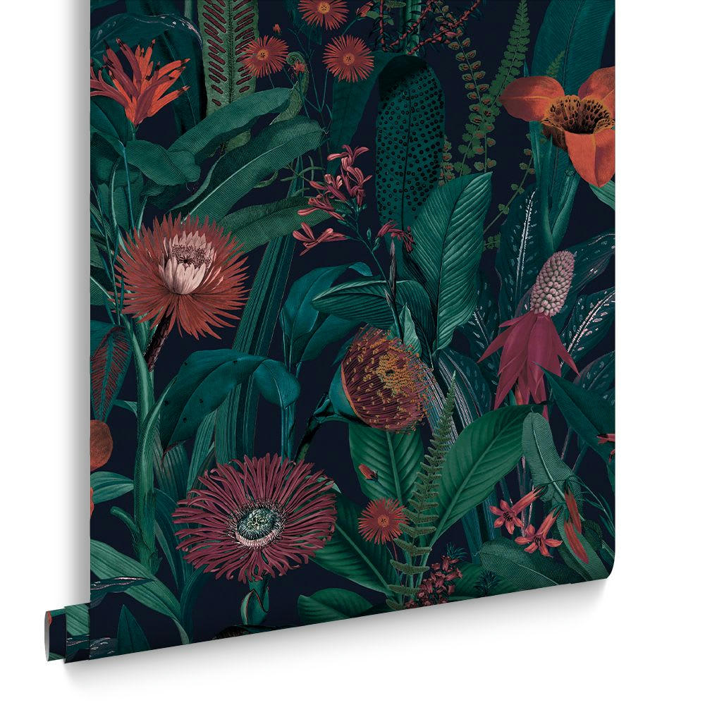 - papier peint tigerlily bleu nuit corail vert 1005x52cm